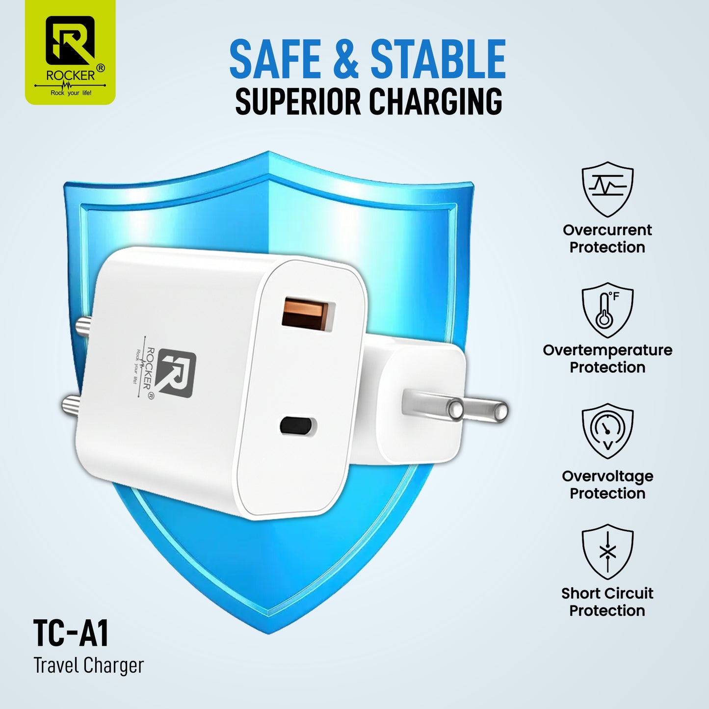 ROCKER RTC-A1 45W Dual Port Fast Charging Adapter | PD USB-C + QC3.0 USB-A, Compact Travel Charger with Smart Protection