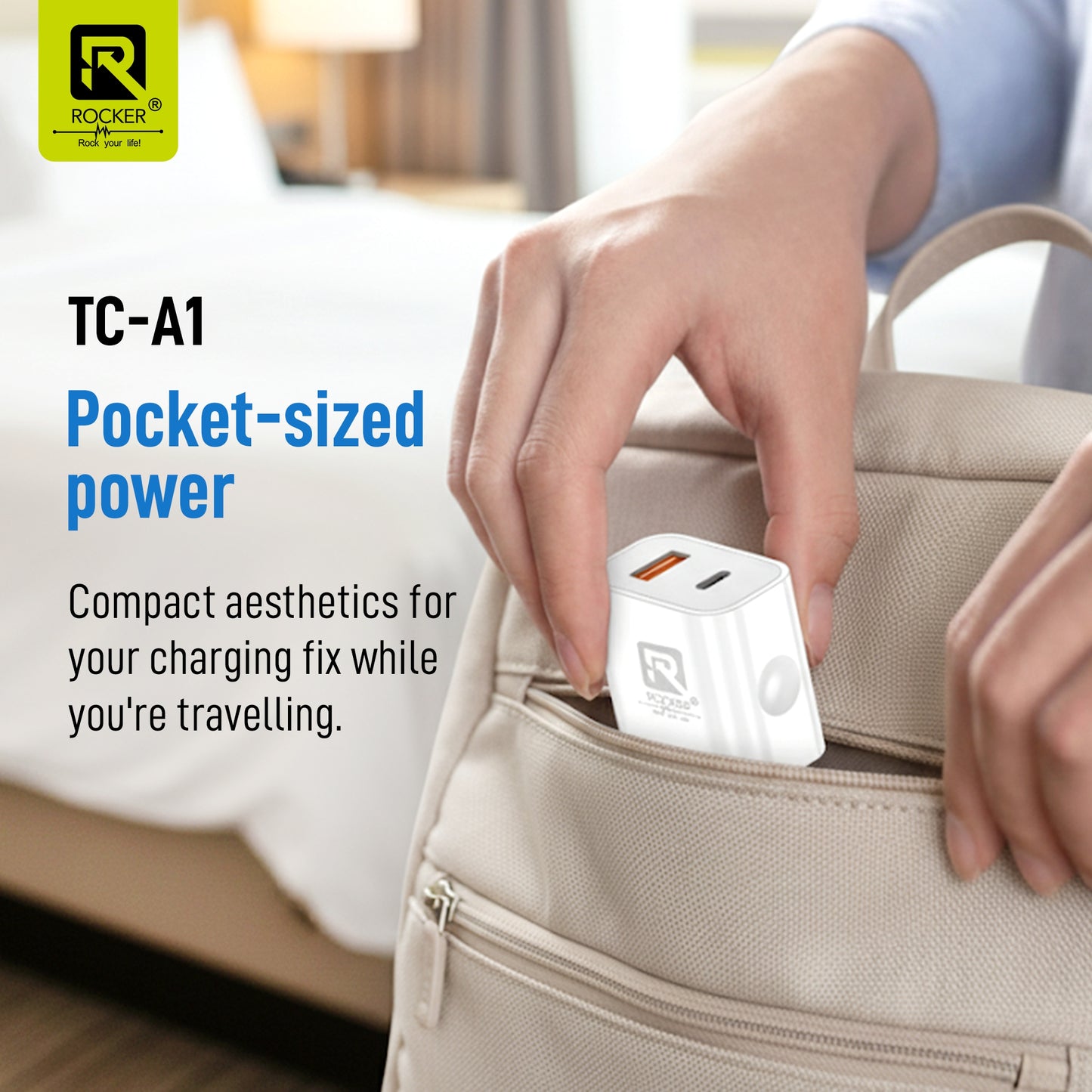 ROCKER RTC-A1 45W Dual Port Fast Charging Adapter | PD USB-C + QC3.0 USB-A, Compact Travel Charger with Smart Protection