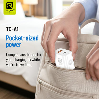ROCKER RTC-A1 45W Dual Port Fast Charging Adapter | PD USB-C + QC3.0 USB-A, Compact Travel Charger with Smart Protection