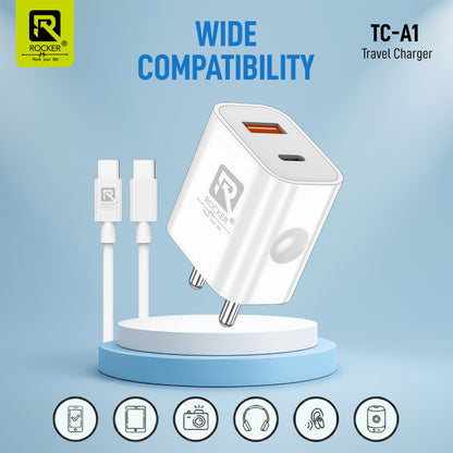 ROCKER RTC-A1 45W Dual Port Fast Charging Adapter | PD USB-C + QC3.0 USB-A, Compact Travel Charger with Smart Protection